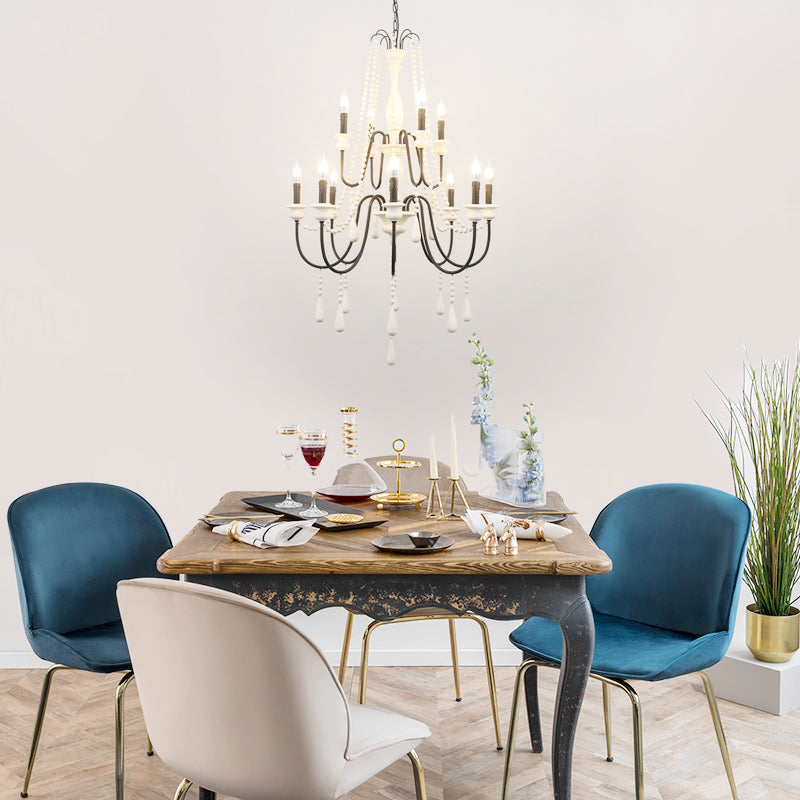 Traditional 2-Tier Hanging Chandelier Metal 12 Bulbs Suspension Light in White with Wooden Drop