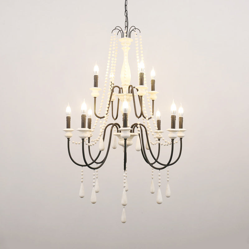 Traditional 2-Tier Hanging Chandelier Metal 12 Bulbs Suspension Light in White with Wooden Drop