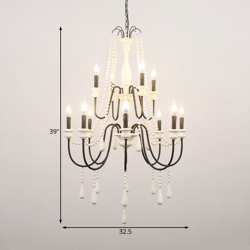 Traditional 2-Tier Hanging Chandelier Metal 12 Bulbs Suspension Light in White with Wooden Drop