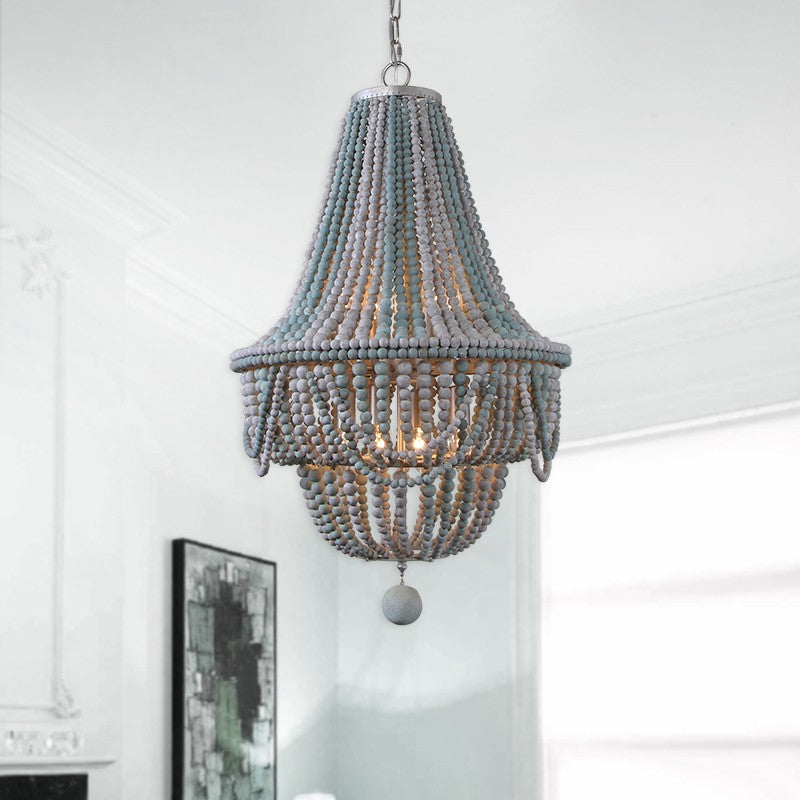 Pink/Blue Laser Cut Empire Chandelier Nordic Wood 8 Heads Pendant Lighting Fixture with Spherical Drop
