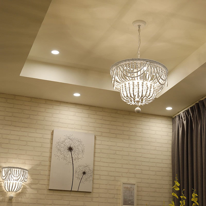 Wood Layered Chandelier Lamp Minimalism 4 Heads White Pendant Lighting Fixture with Global Drop