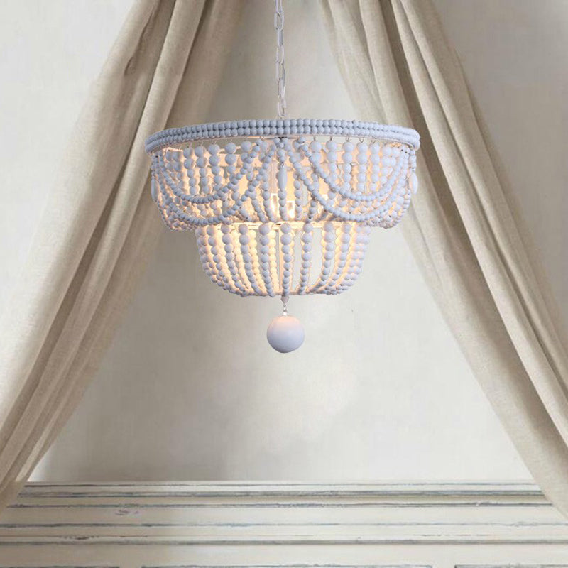 Wood Layered Chandelier Lamp Minimalism 4 Heads White Pendant Lighting Fixture with Global Drop