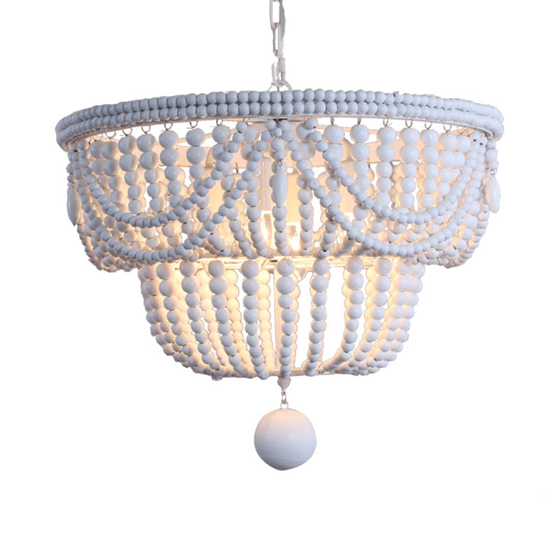 Wood Layered Chandelier Lamp Minimalism 4 Heads White Pendant Lighting Fixture with Global Drop