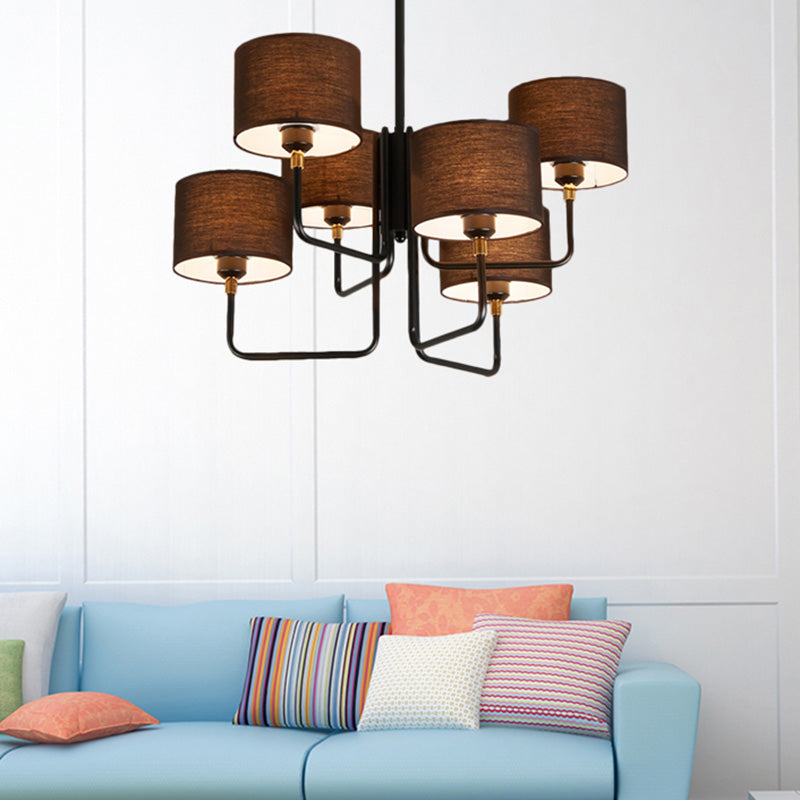 Metall Sputnik Kronleuchter Lampe zeitgenössische Multi -Leuchten schwarzer LED -Anhänger Hanghell mit braunem/weißem Stoff Drum Shade