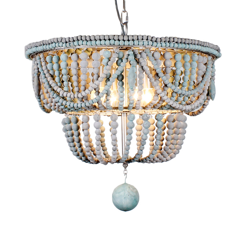 2-Tier Chandelier Modernism Wood 4 Heads 19.5"/25.5" Wide Blue and Gray Pendant Lighting Fixture for Bedroom