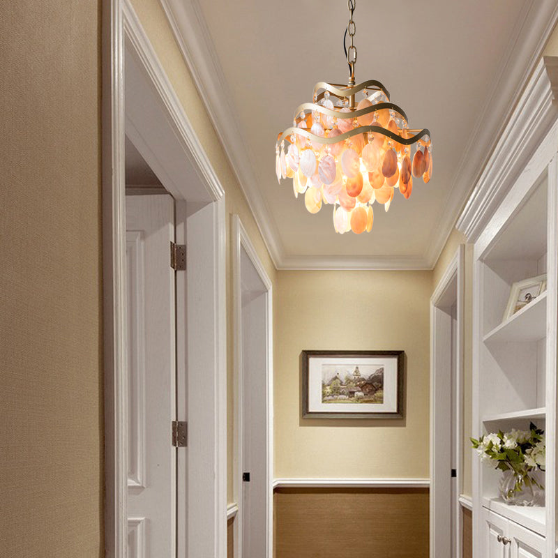 Modern Fountain Chandelier Lamp Shell 4 Heads Ceiling Pendant Light in Beige for Living Room