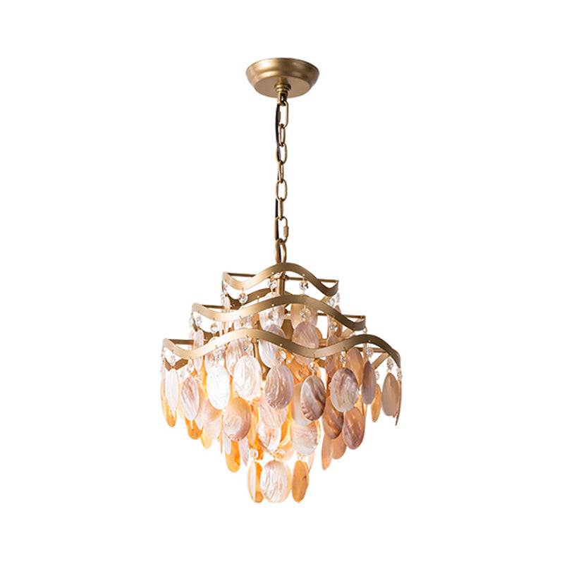 Modern Fountain Chandelier Lamp Shell 4 Heads Ceiling Pendant Light in Beige for Living Room