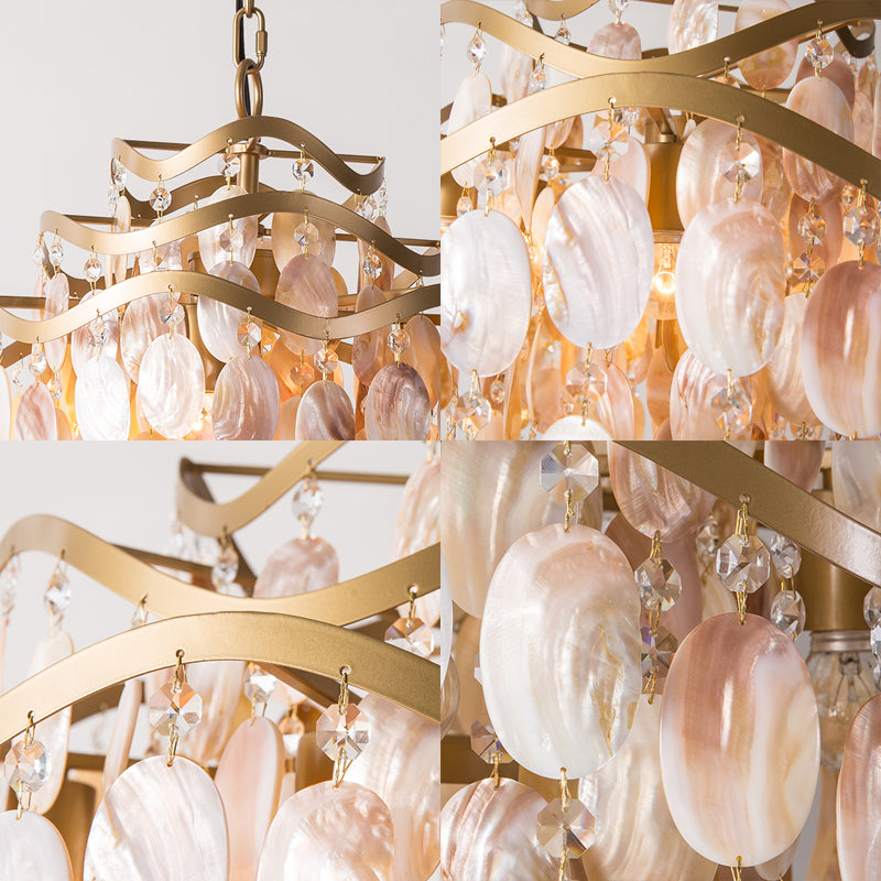 Modern Fountain Chandelier Lamp Shell 4 Heads Ceiling Pendant Light in Beige for Living Room