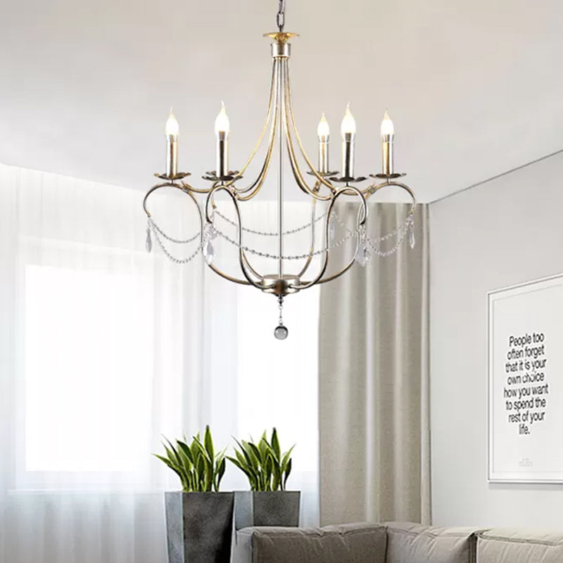 Metal Candle Chandelier Lamp Retro 6 Bulbs Silver/Gold Pendant Lighting Fixture with Crystal Teardrop for Dining Room