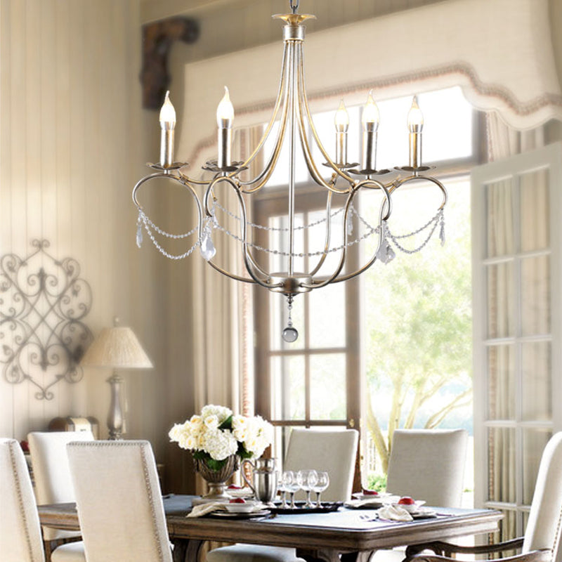Metal Candle Chandelier Lamp Retro 6 Bulbs Silver/Gold Pendant Lighting Fixture with Crystal Teardrop for Dining Room