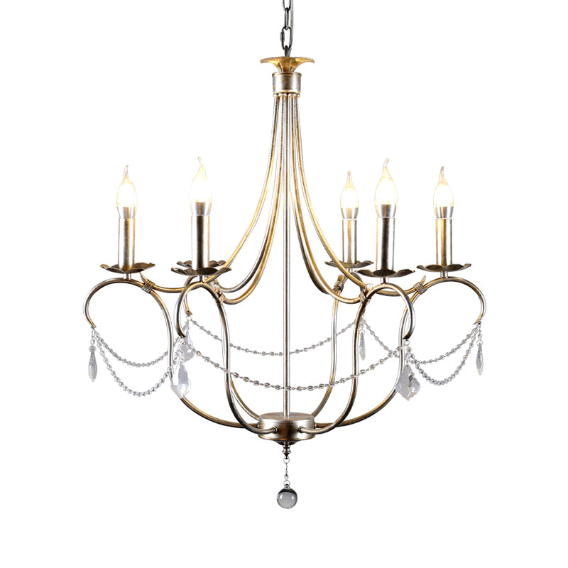 Metal Candle Chandelier Lamp Retro 6 Bulbs Silver/Gold Pendant Lighting Fixture with Crystal Teardrop for Dining Room