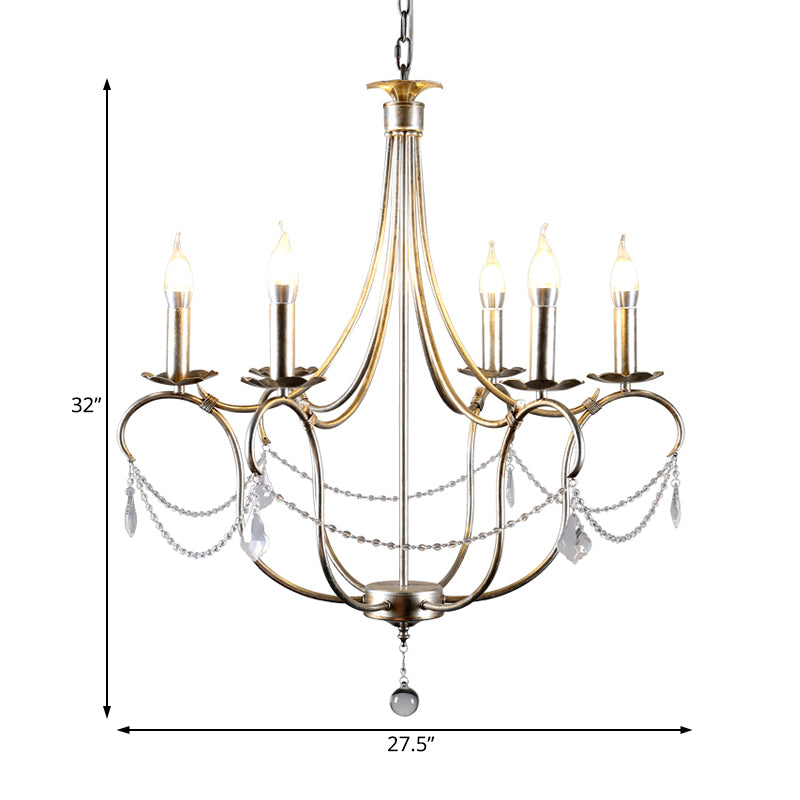 Metal Candle Chandelier Lamp Retro 6 Bulbs Silver/Gold Pendant Lighting Fixture with Crystal Teardrop for Dining Room
