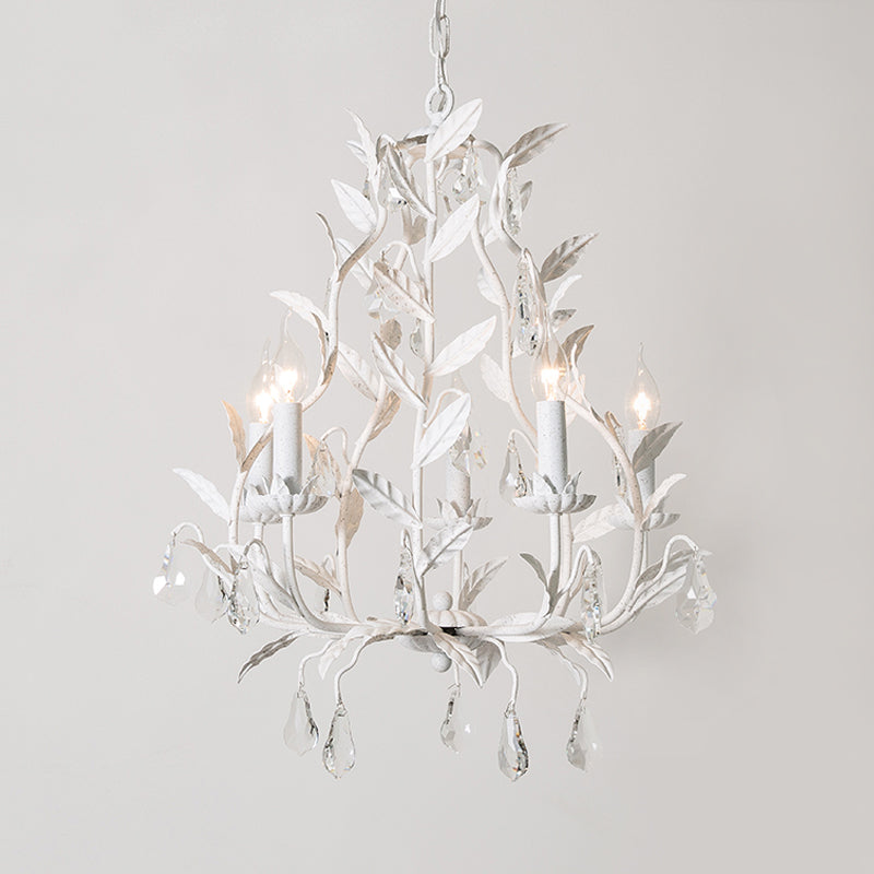 Branch Chandelier Lamp Nordic Metal 5 Heads Grey/White Pendant Lighting Fixture with Crystal Teardrop