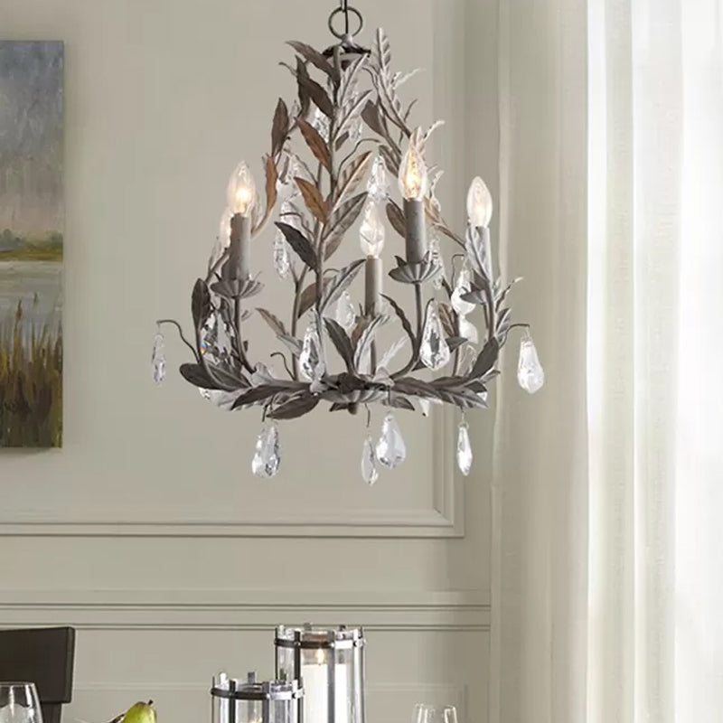 Branch Chandelier Lamp Nordic Metal 5 Heads Grey/White Pendant Lighting Fixture with Crystal Teardrop