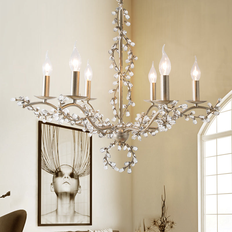 Spur Chandelier Light Contemporary Metal 6 Heads Brass Hanging Lamp Kit with Crystal Leaf