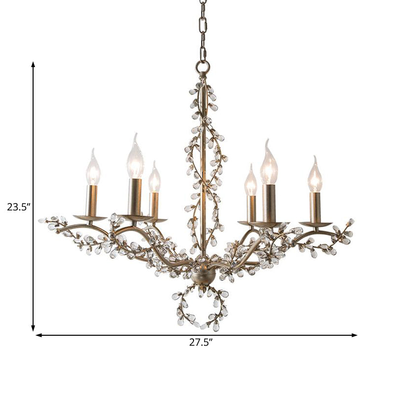 Spur Chandelier Light Contemporary Metal 6 Heads Brass Hanging Lamp Kit with Crystal Leaf