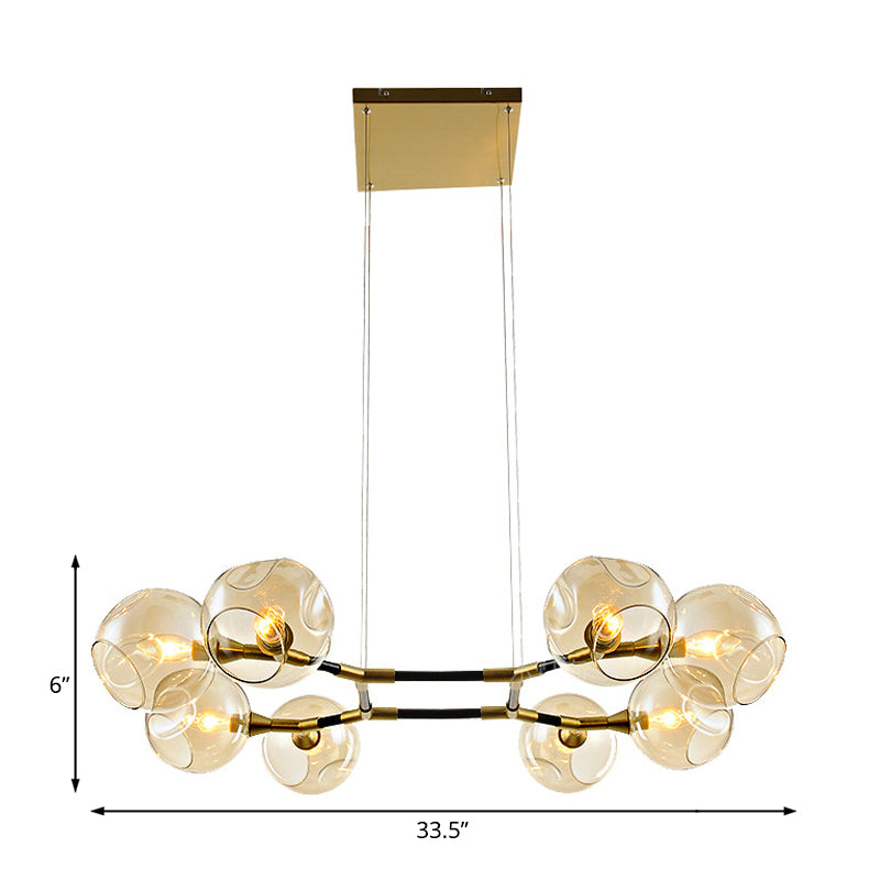 Branch Chandelier Pendant Lamp Modern Metal Multi Lights Brass Ceiling Hung Light with Amber Dimpled Blown Glass Ball Shade