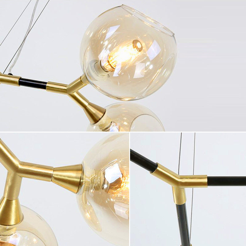 Branch Chandelier Pendant Lamp Modern Metal Multi Lights Brass Ceiling Hung Light with Amber Dimpled Blown Glass Ball Shade