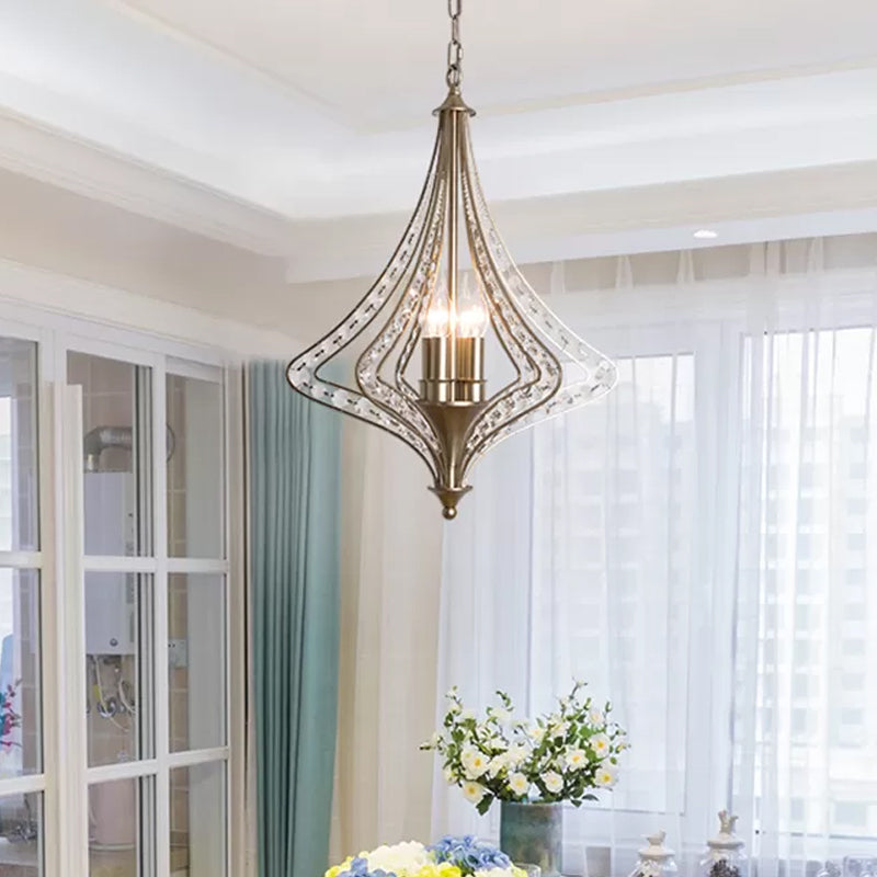 4 Bulbs Tapered Ceiling Chandelier Rustic Crystal Suspended Lighting Fixture in Brass