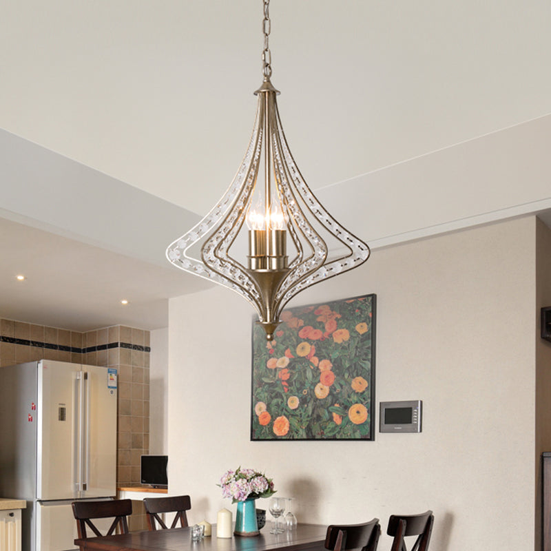 4 Bulbs Tapered Ceiling Chandelier Rustic Crystal Suspended Lighting Fixture in Brass