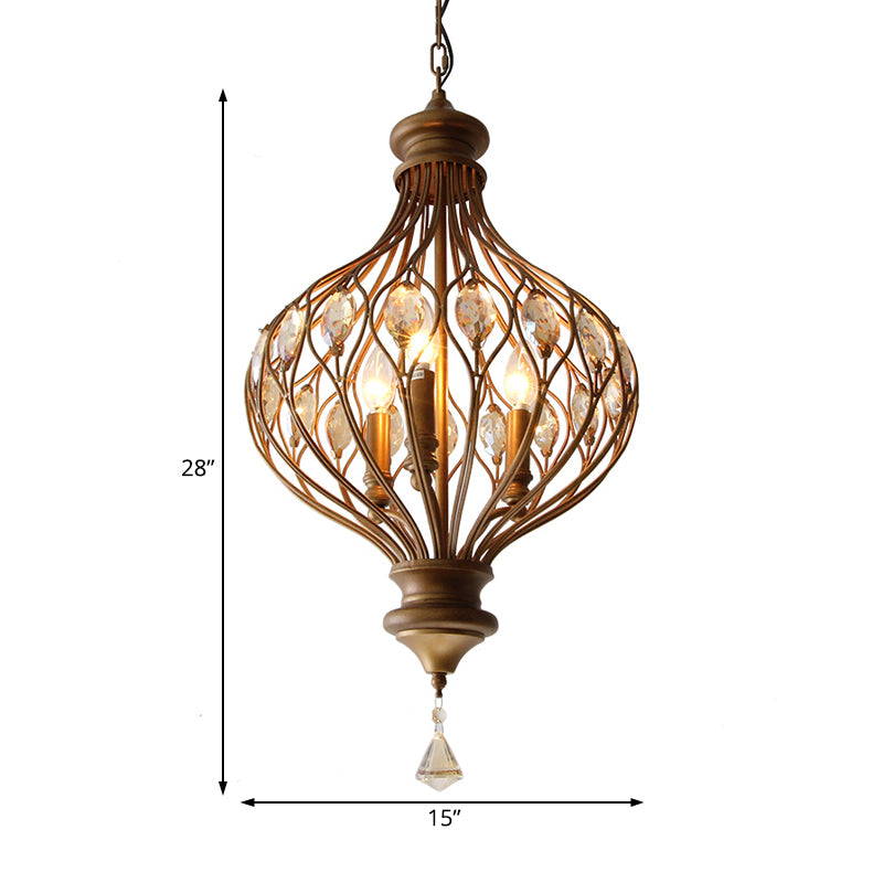 Traditional Ball Hanging Chandelier Metal 3 Bulbs Suspension Light in Brass with Crystal Teardrop