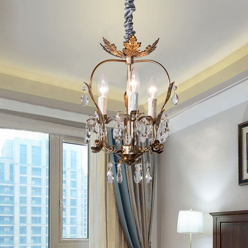Gold Spur Chandelier Lighting Modern Metal 3 Bulbs Pendant Light Fixture with Crystal Teardrop