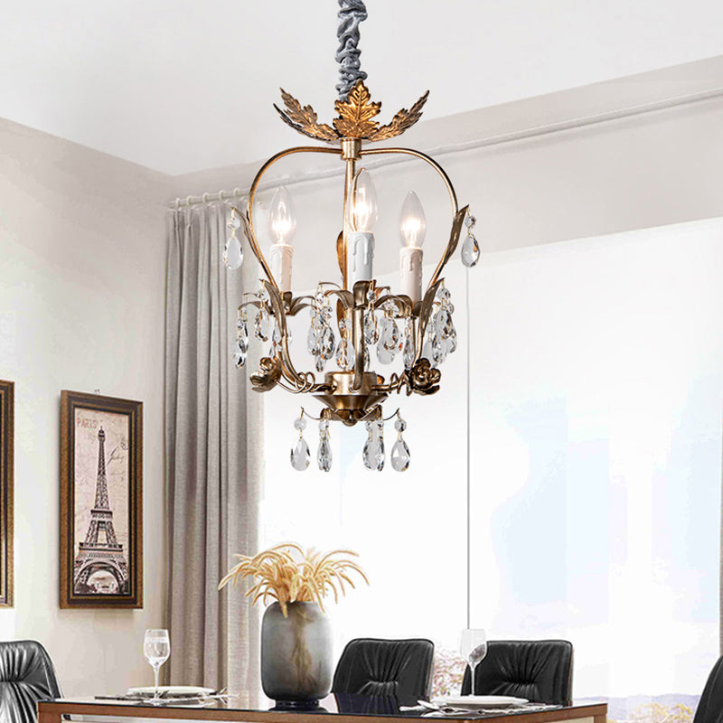 Gold Spur Chandelier Lighting Modern Metal 3 Bulbs Pendant Light Fixture with Crystal Teardrop