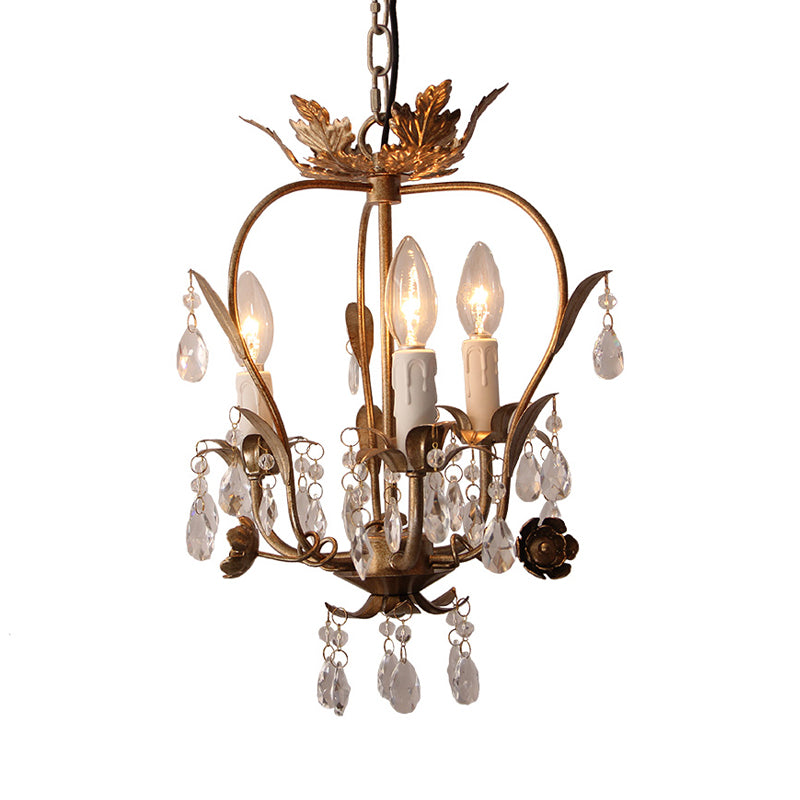Gold Spur Chandelier Lighting Modern Metal 3 Bulbs Pendant Light Fixture with Crystal Teardrop