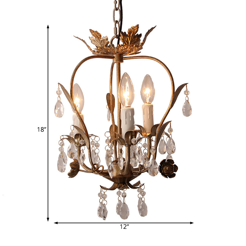 Gold Spur Chandelier Lighting Modern Metal 3 Bulbs Pendant Light Fixture with Crystal Teardrop
