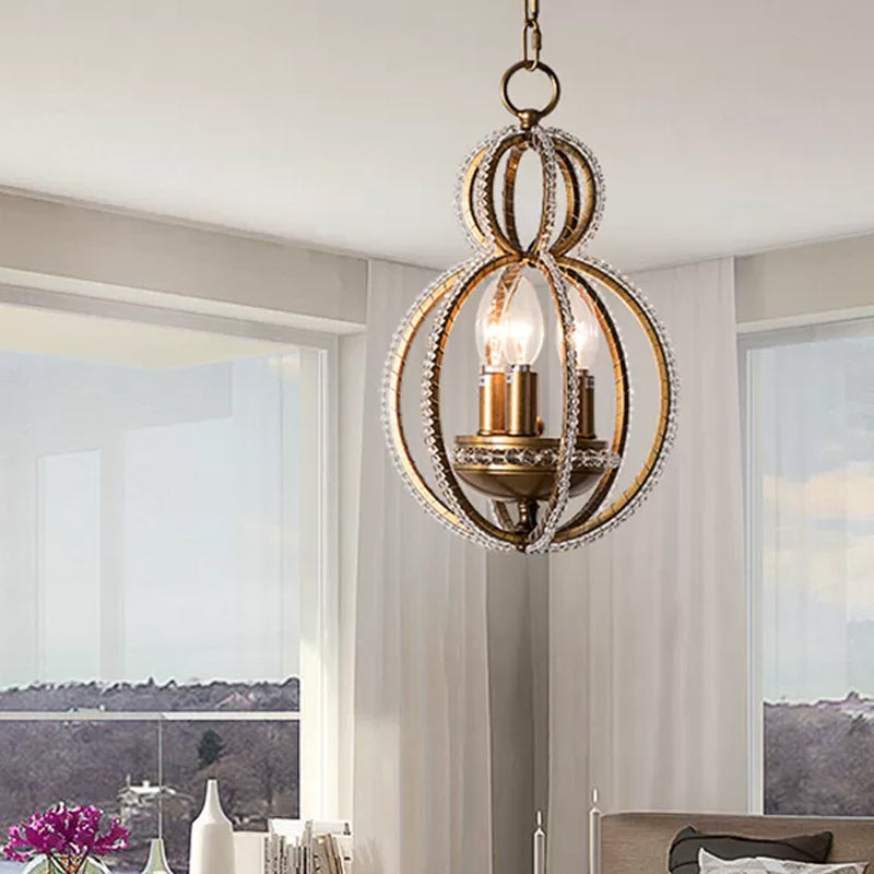Gourd Metal Hanging Chandelier Retro 3 Heads Brass Ceiling Pendant Light with Crystal Bead