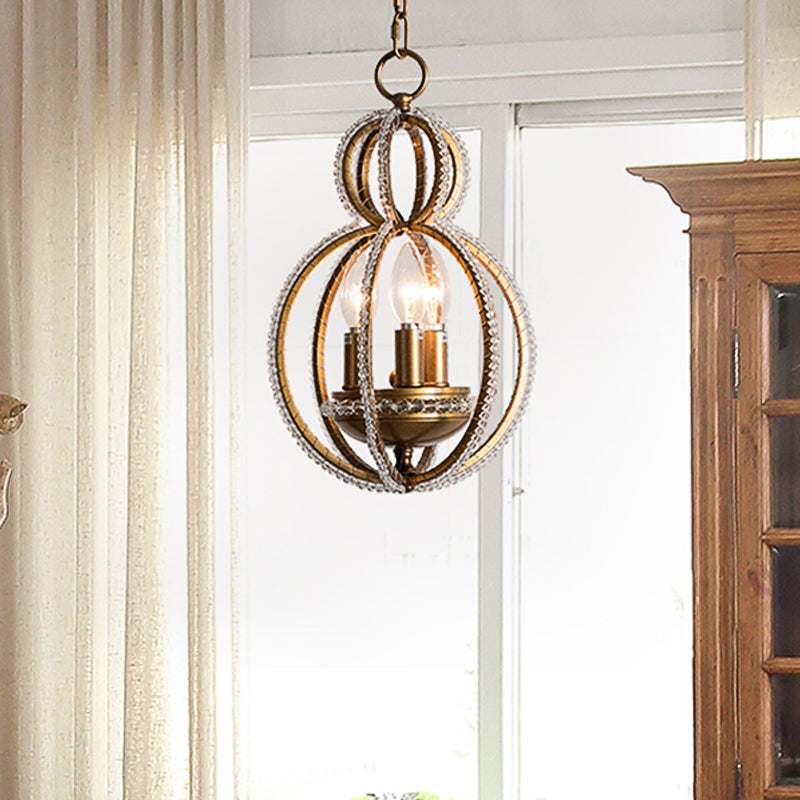 Gourd Metal Hanging Chandelier Retro 3 Heads Brass Ceiling Pendant Light with Crystal Bead