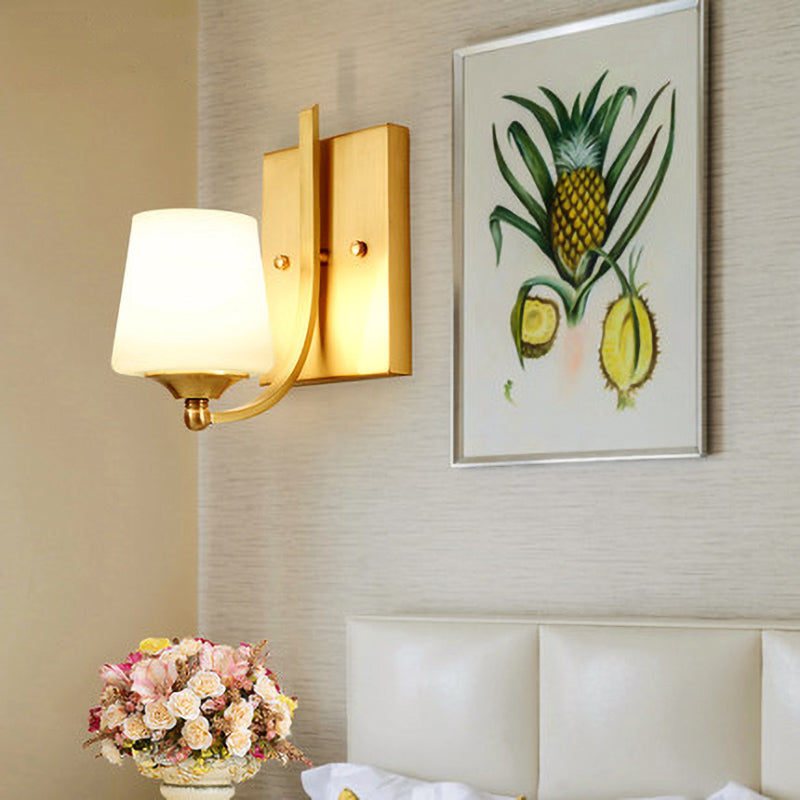 Frosted Glass Brass Sconce Light Conical 1-Light Modern Wall Mounted Light with Swooping Arm for Foyer