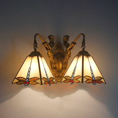 2 Heads Pyramid Sconce Lighting Tiffany White/Clear Glass Wall Mounted Light with Dragonfly Pattern