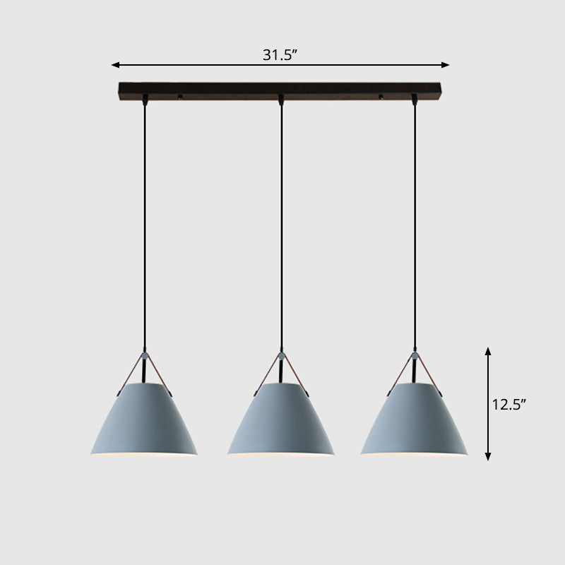 Nordic 3 Lights Cluster Pendant Conical Hanging Light with Metal Shade and Leather Strap
