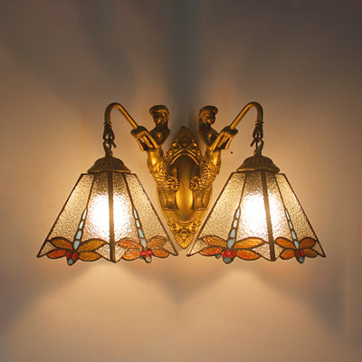2 Heads Pyramid Sconce Lighting Tiffany White/Clear Glass Wall Mounted Light with Dragonfly Pattern
