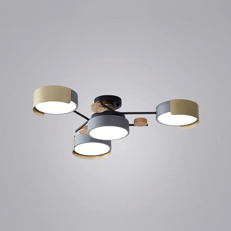Round Dining Room Semi Flush Mount Light Acrylic 4-Head Nordic LED Ceiling Fixture in Grey