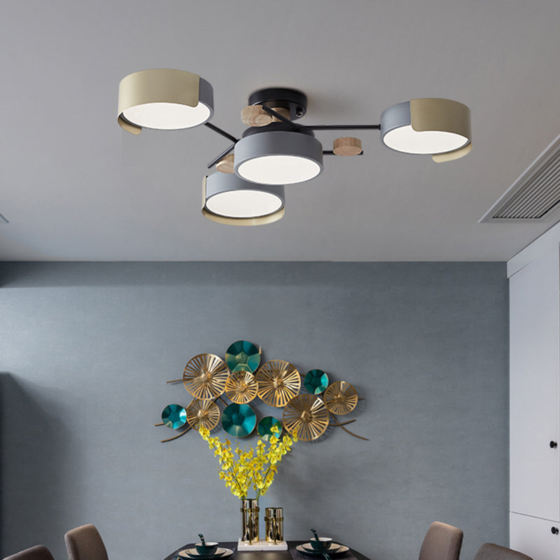 Round Dining Room Semi Flush Mount Light Acrylic 4-Head Nordic LED Ceiling Fixture in Grey