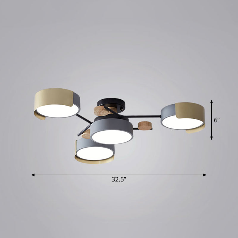 Round Dining Room Semi Flush Mount Light Acrylic 4-Head Nordic LED Ceiling Fixture in Grey