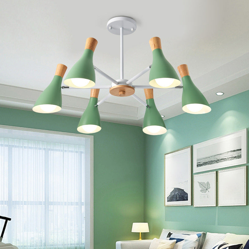 Iron Bias-Cut Bottle Chandelier Lamp Macaron Style Wood Pendant Light for Living Room