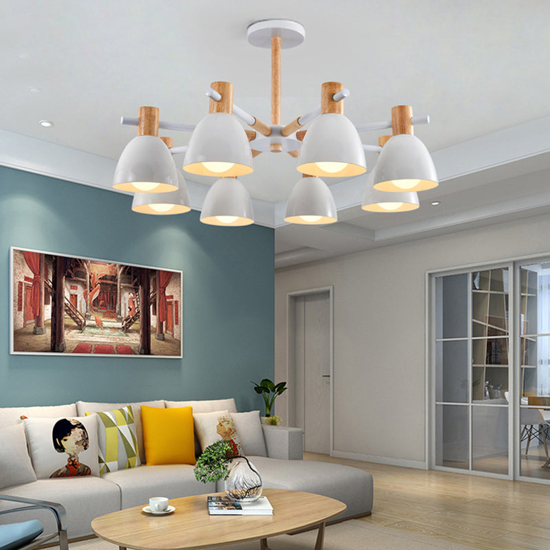 Bell -vormige woonkamer kroonluchter metalen macaron -stijl plafond hang licht met houten accenten