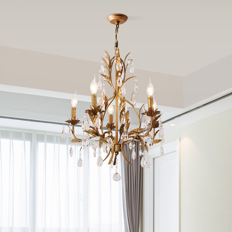 Brass Candle Chandelier Lamp Retro 5 Heads Metal Ceiling Pendant Light with Crystal Teardrop