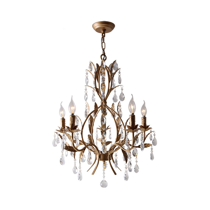Brass Candle Chandelier Lamp Retro 5 Heads Metal Ceiling Pendant Light with Crystal Teardrop