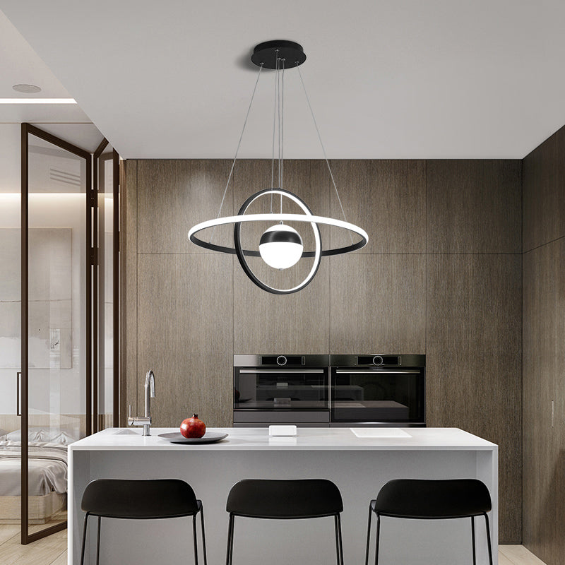 Ball and Ring Shaped Chandelier Minimalistic Acrylic Black Ceiling Pendant Light over Table