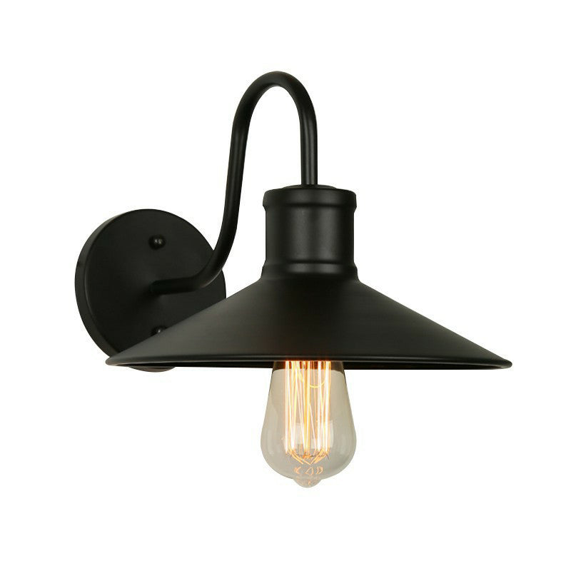 Black Conical Wall Lamp Industrial Metal 1 Head Corridor Gooseneck Wall Sconce with Cage