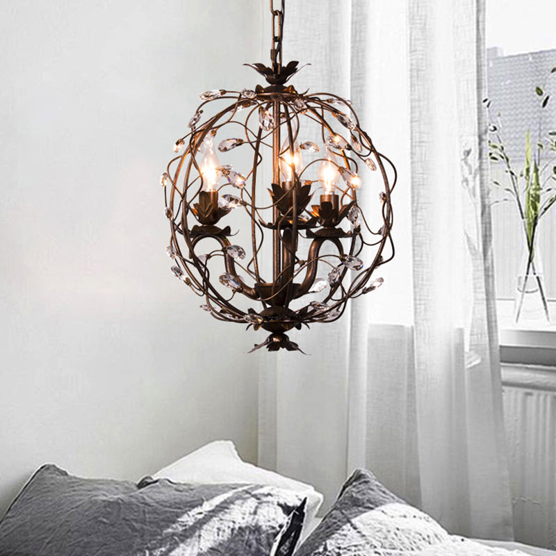 Traditional Globe Hanging Chandelier Metal 3/5 Bulbs Suspension Light in Antique Brass with Crystal Leaf
