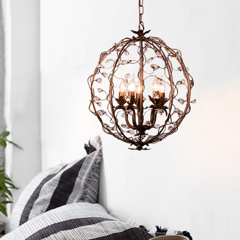 Traditional Globe Hanging Chandelier Metal 3/5 Bulbs Suspension Light in Antique Brass with Crystal Leaf