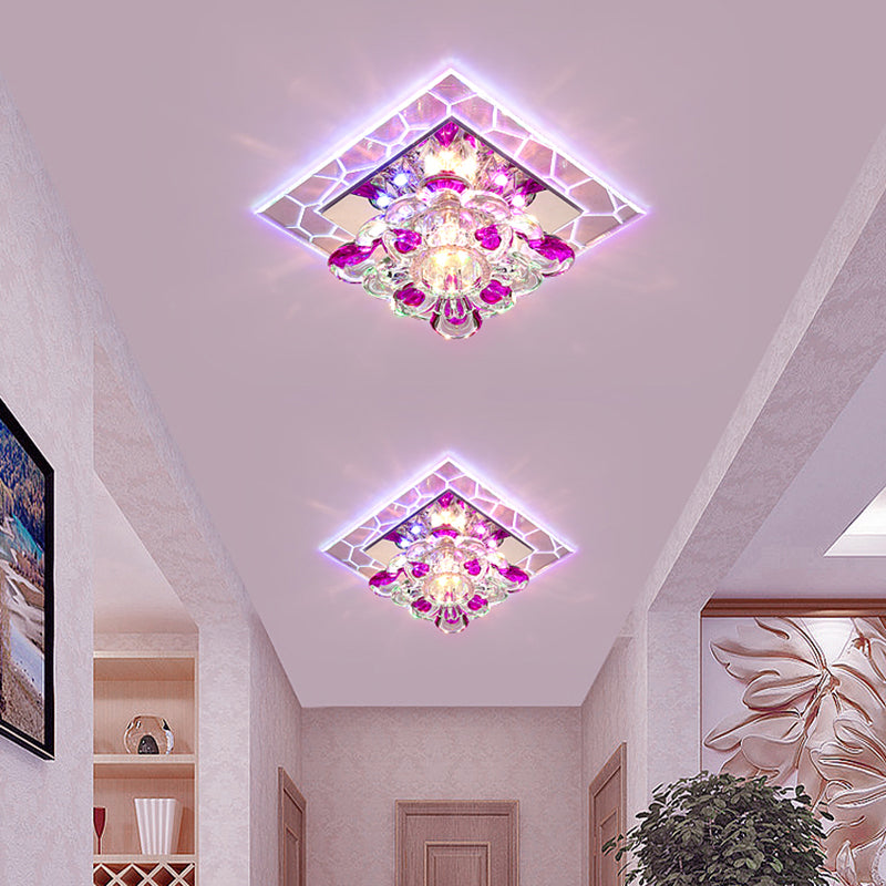 Acrylic Square Led Flush Mount Fixture Modern Clear Ceiling Mounted Lamp with Flower Crystal Shade