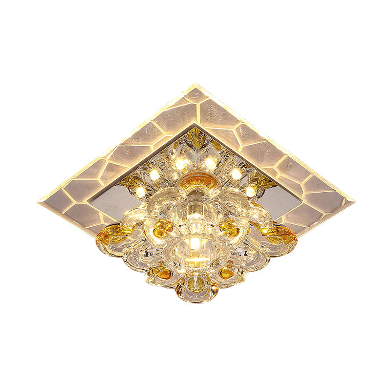 Acrylic Square Led Flush Mount Fixture Modern Clear Ceiling Mounted Lamp with Flower Crystal Shade