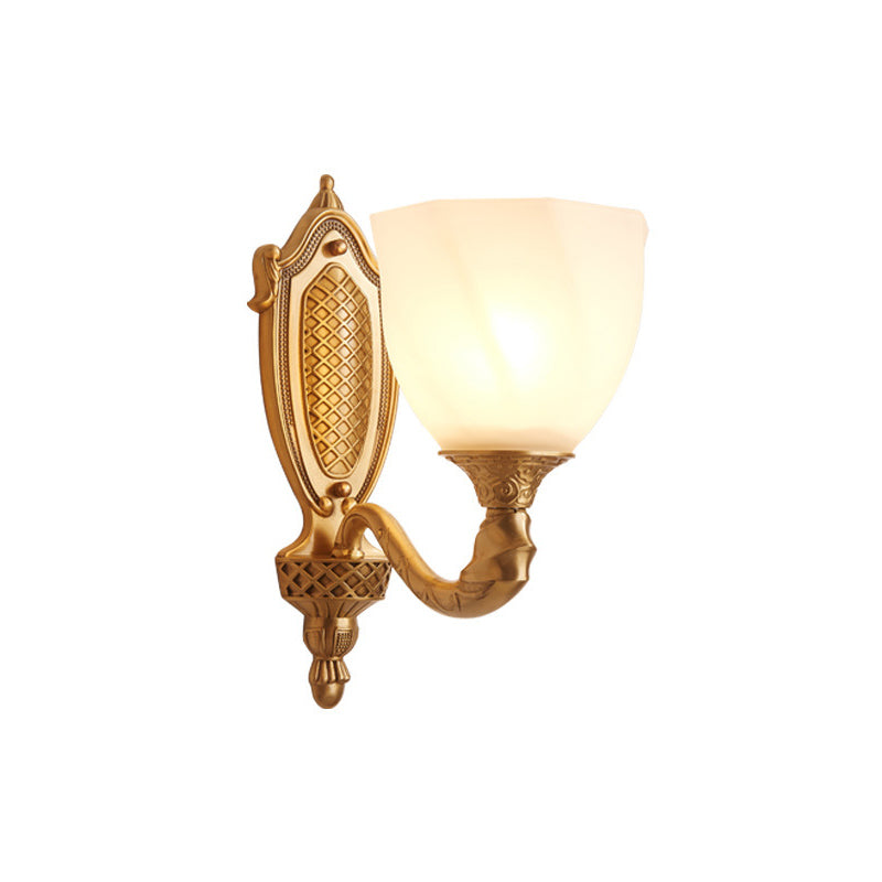 1/2 Lights Frosted Glass Wall Sconce Light Retro Gold Dome Entry Wall Lamp with Metal Scrolled Arm