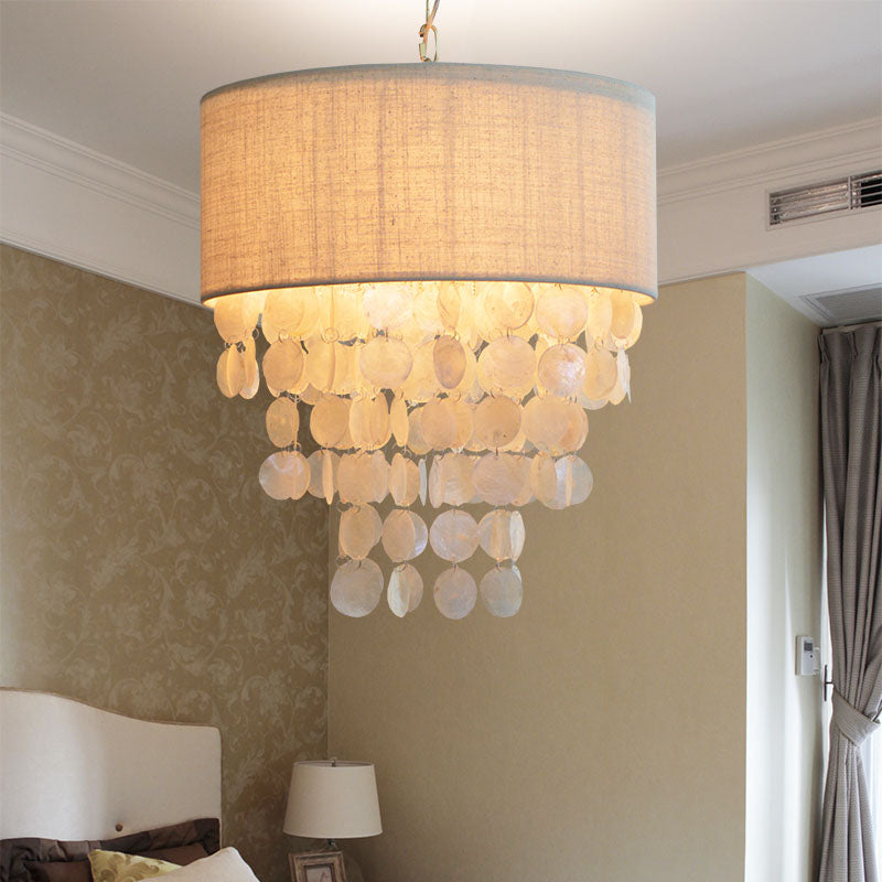 Tassel Shell Hanging Chandelier Retro 3 Heads White Ceiling Pendant Light with Drum Fabric Shade for Living Room